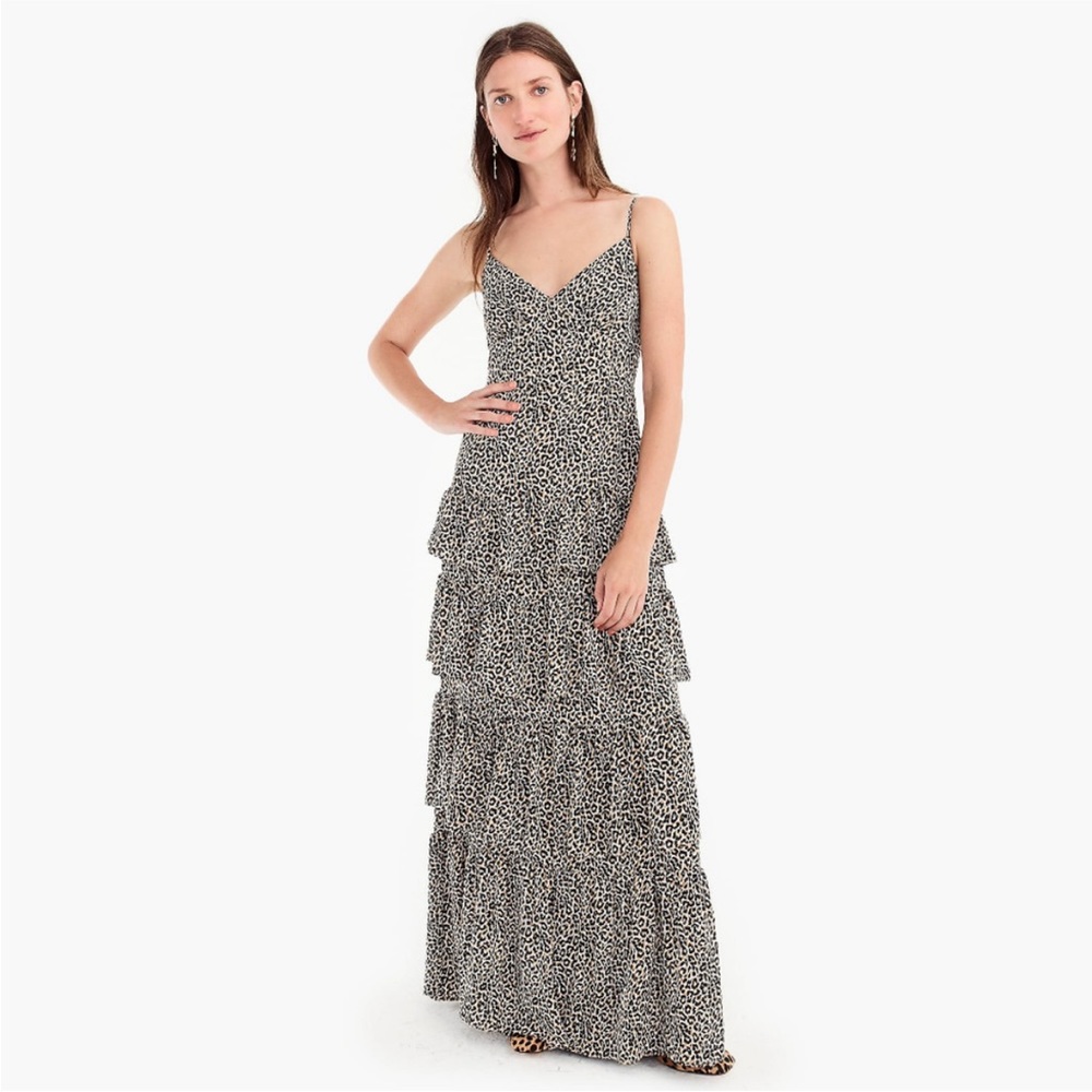 J. Crew Black and White Tiered Leopard Print Maxi Dress